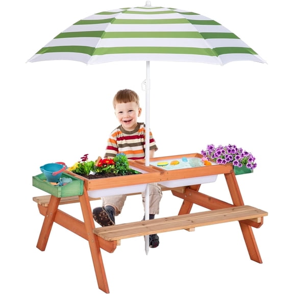 BRINJOY Kids Picnic Table, Outdoor Wooden Table w/Adjustable Umbrella & Garden Bed, 4-in-1 Sand & Water Activity Table w/Built-in Bench & Removable Boxes, Toddlers Convertible Table