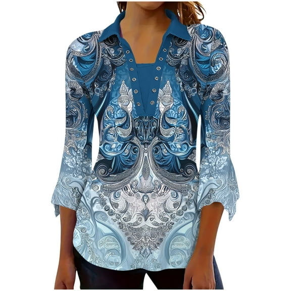 DeHolifer Shirts for Women V-Neck 3/4 Sleeve Lapel Button Novelty Printed Casual Dressy Blouse Tops Navy L