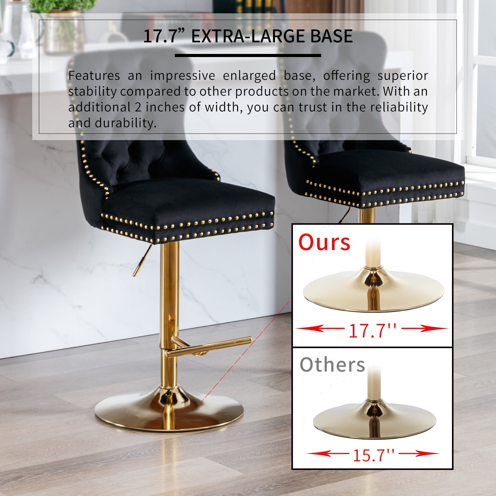 Black Velvet Swivel Bar Stools Set of 2 with Upholstered Back, Adjustable Counter Height Barstools, Bar Chairs for Home Bar Kitchen Island Pub Restaurant (2 Pcs, Black)