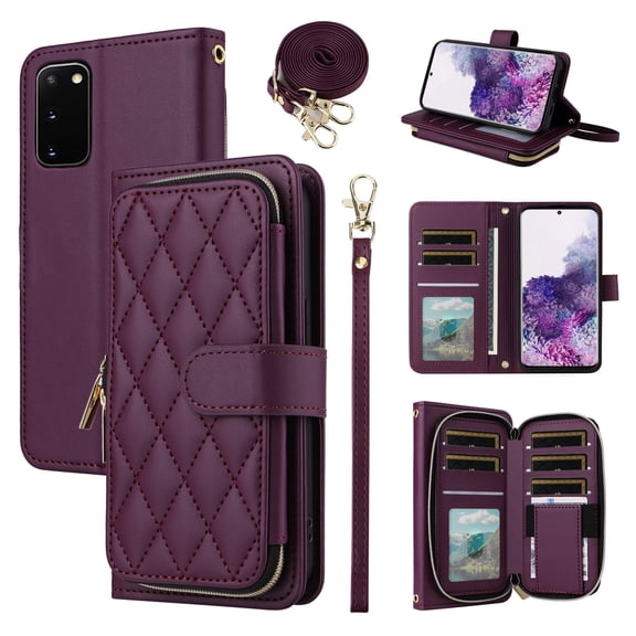 Furiet Wallet Case for Samsung Galaxy S20 5G 6.2 inch with Wrist Strap, Crossbody Shoulder Strap, Luxury PU Leather Stand Cell Phone Cover with 9 Card Slots for S 20 20S UW S2O G5 Women Deep Purple