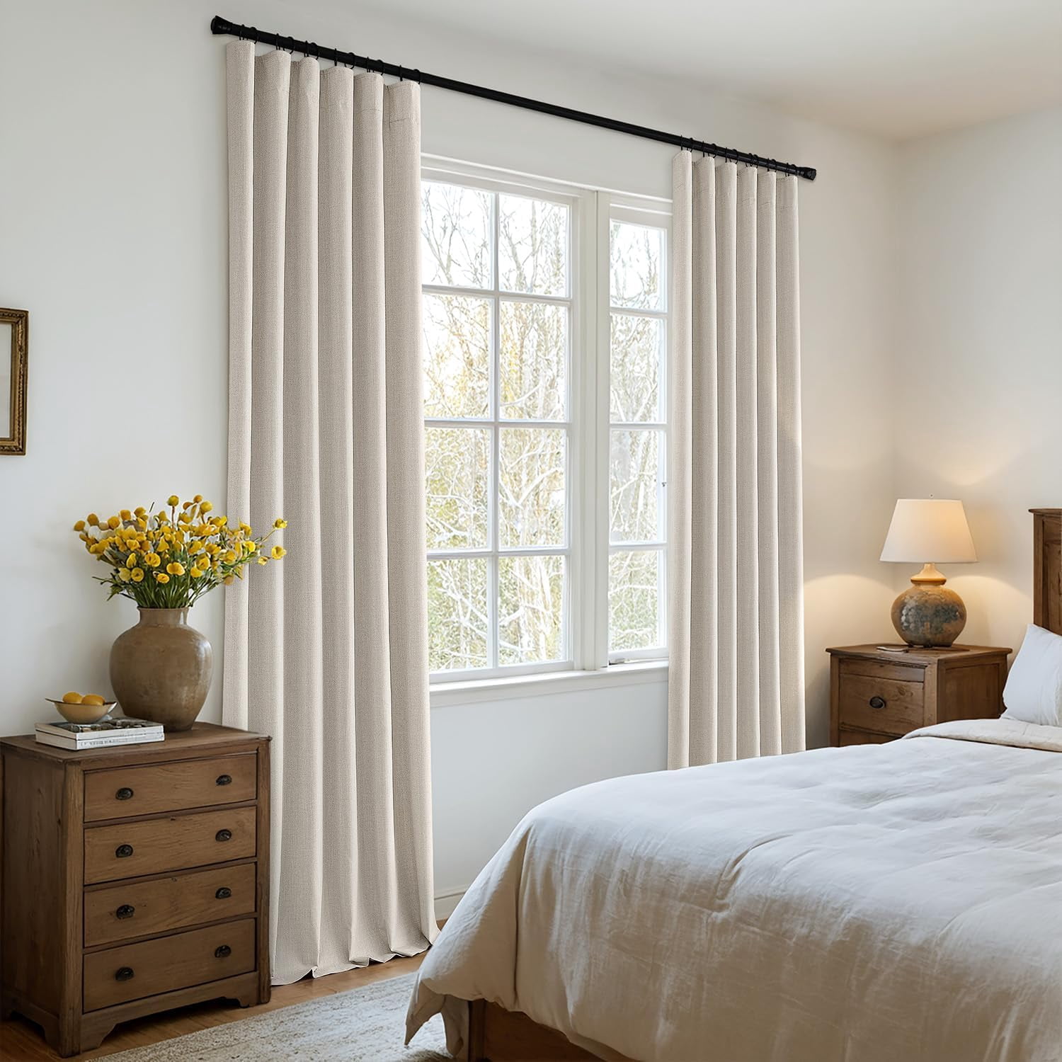 100% Blackout Curtains 96 Inch Long 2 Panels Set for Bedroom, Thick Faux Linen Black Out Curtain Room Darkening Back Tab Pleat Floor to Ceiling Window Drapes with Hooks for Living Room, Beige