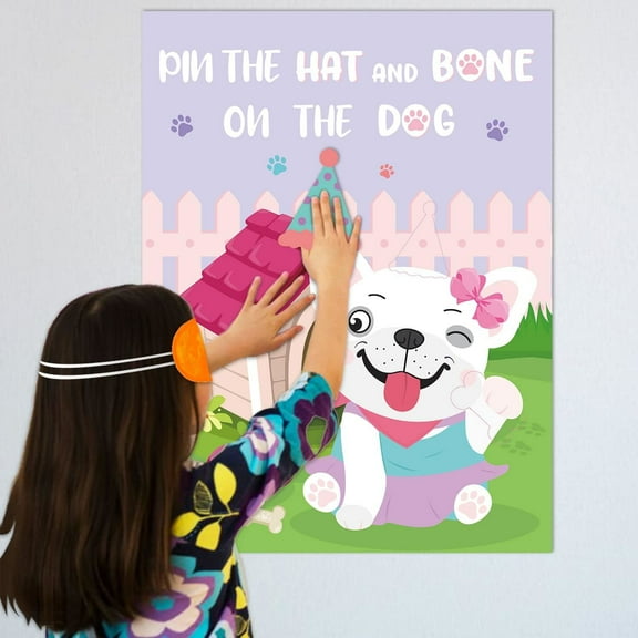 Laffact Pin The Hat and Bone on The Dog Poster Party Games,Pink Cartoon Dog Blindfolded Poster Party Favor