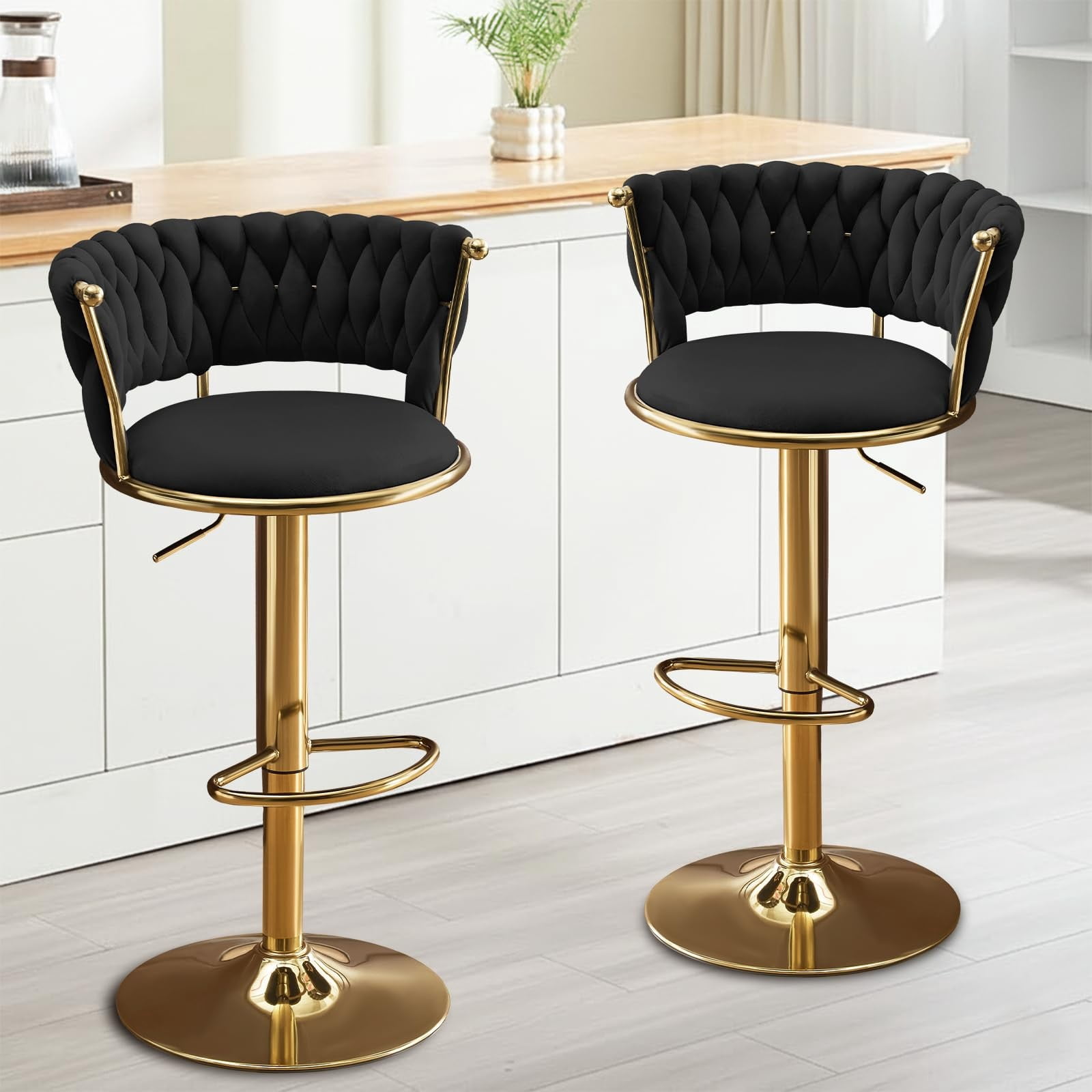 Set of 2 360° Swivel Velvet Bar Stools, Adjustable Counter Height Bar Chairs with Gold Metal Base & Low Back, Modern Kitchen Island Barstools for Dining Room & Pub, Black