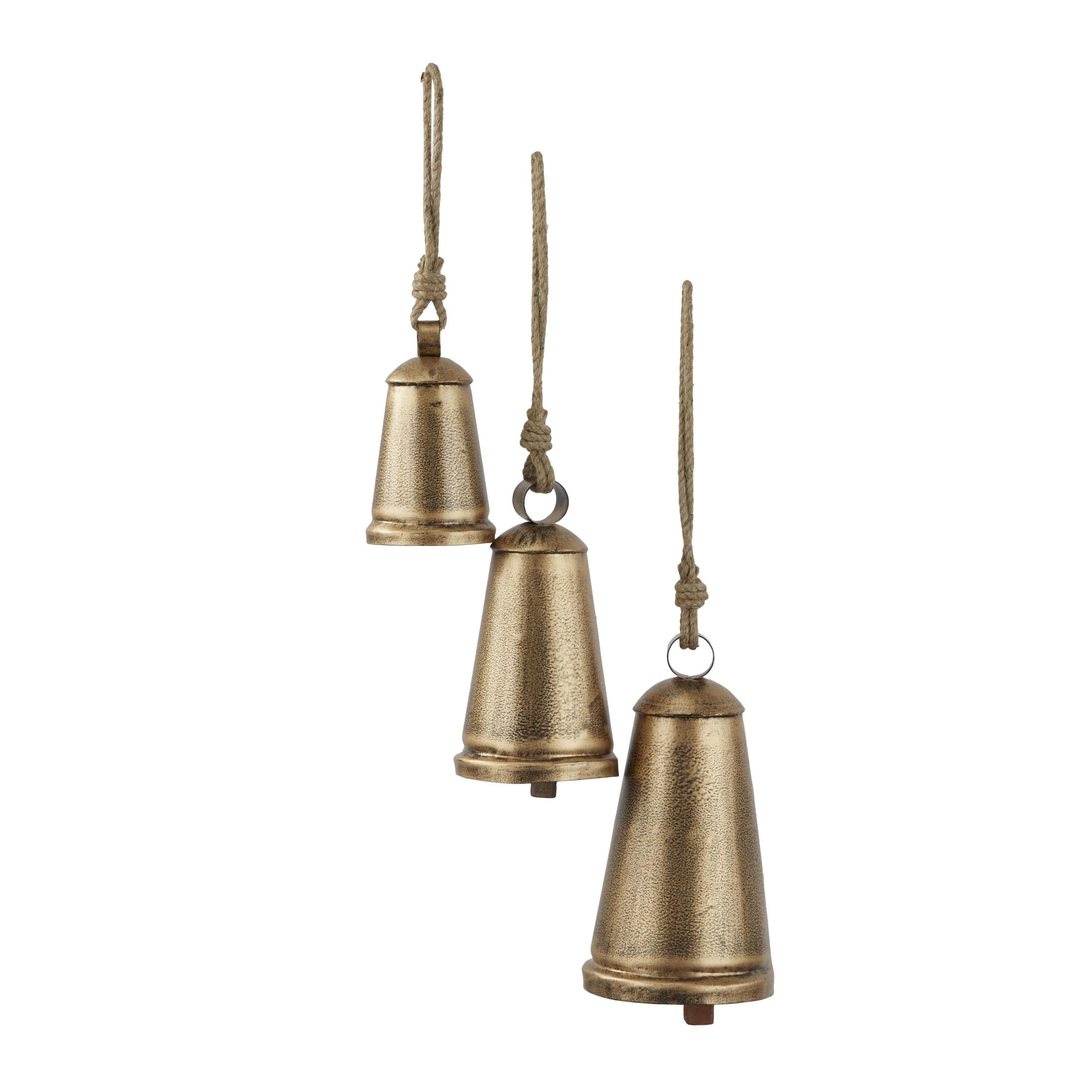DecMode Tibetan Inspired Bronze Metal Conical Decorative Cow Bells with Jute Hanging Rope, 3 Count