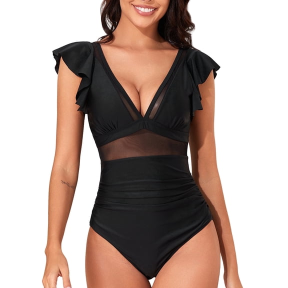SOMER Women's One Piece Swimsuit Tummy Control Bathing Suits Ruffle V Neck Mesh Sheer Slimming Swimwear