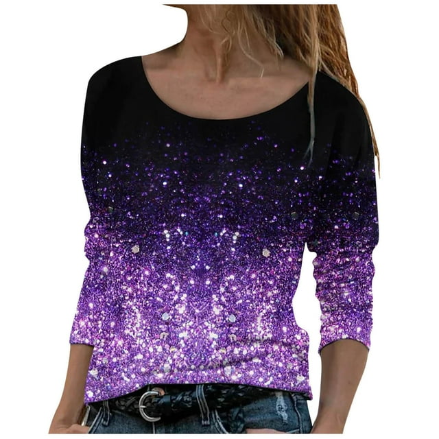 Women's Round Neck Long Sleeve Tops T Shirts Gradient Color Recreational Regular Fit Fall Casual Basic Tops (X-Large, Purple 01)