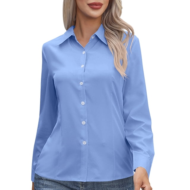 Women's Button Down Shirts Long Sleeve Dress Shirts Classic Collared Work Office Solid Blouses Tops