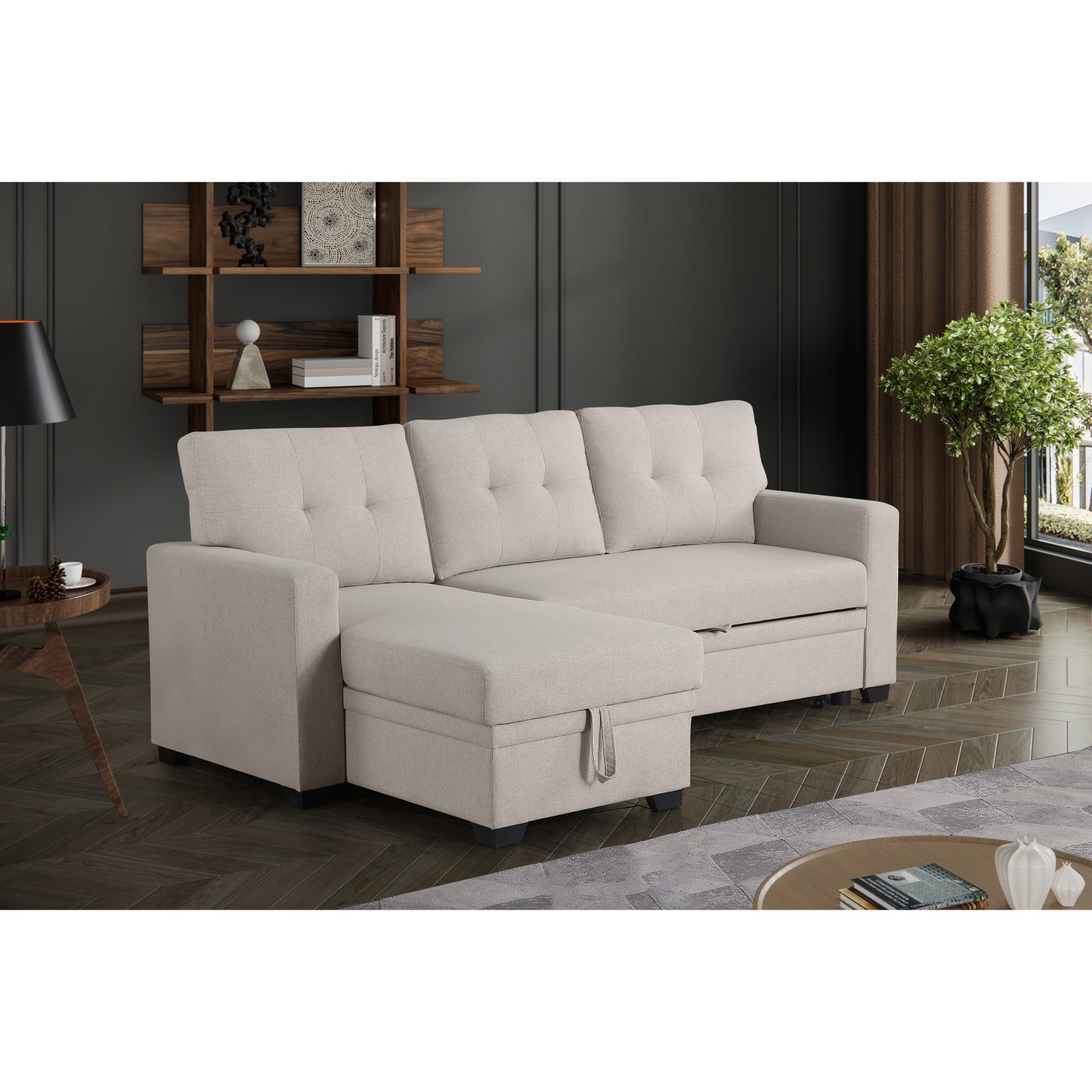 Hommoo 2 in 1 Pull Out Couch Bed Upholstered Sectional Sofa with Storage & Chaise, Convertible L Shaped Sleeper Sofa for Home,Beige
