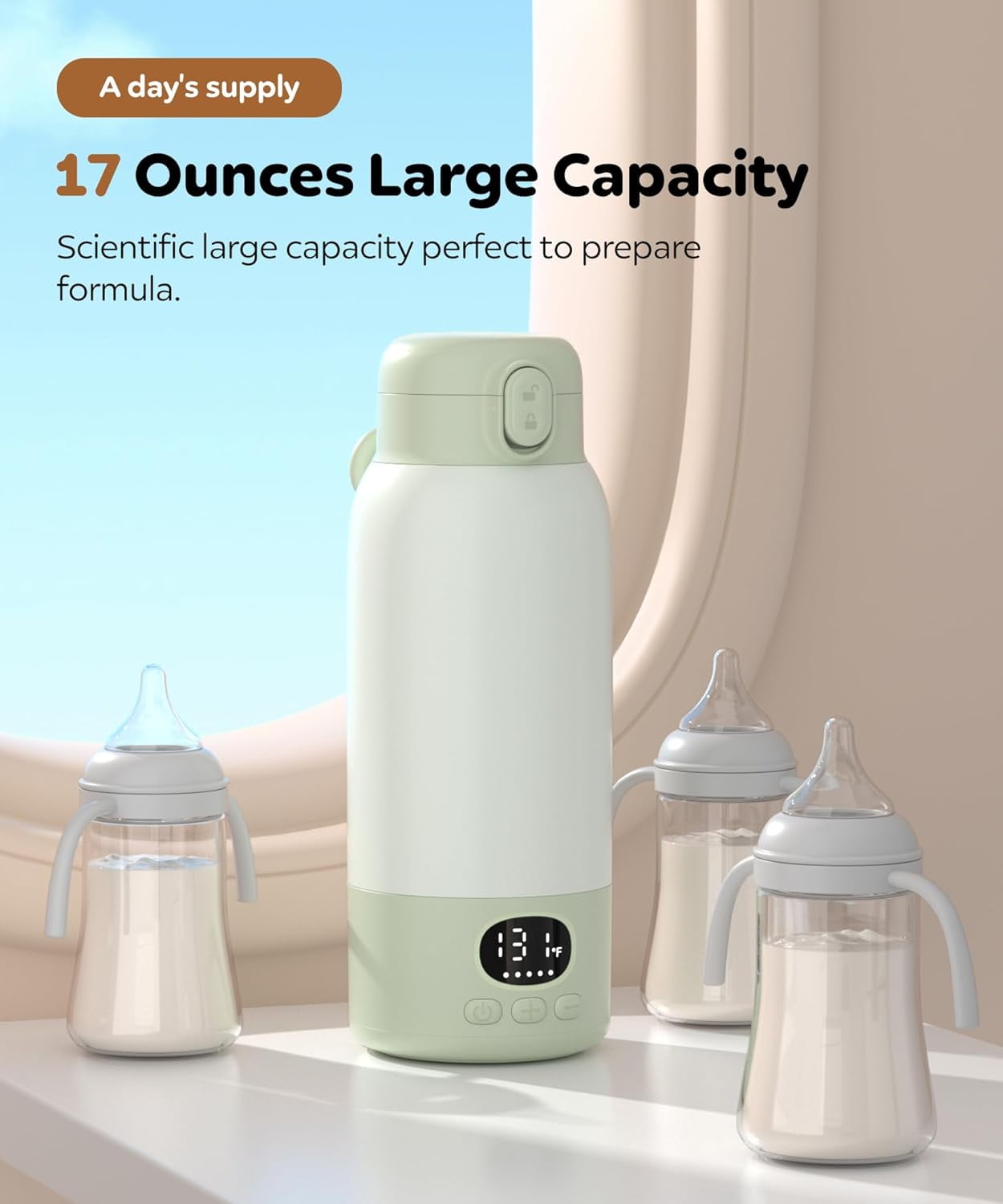 Portable Bottle Warmer for Travel,Milk Warmer for Baby Breastmilk with Fast Heating & Precise Temp Control, Bottle Warmer for Car, Outdoors, 17 Ounces Large Capacity,Green