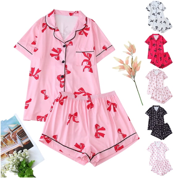 VBTAPA Womens Cute Pajama Sets Short Sleeve Loungewear 2 Pcs Soft Pj Sets Button Down Sleepwear Pink M