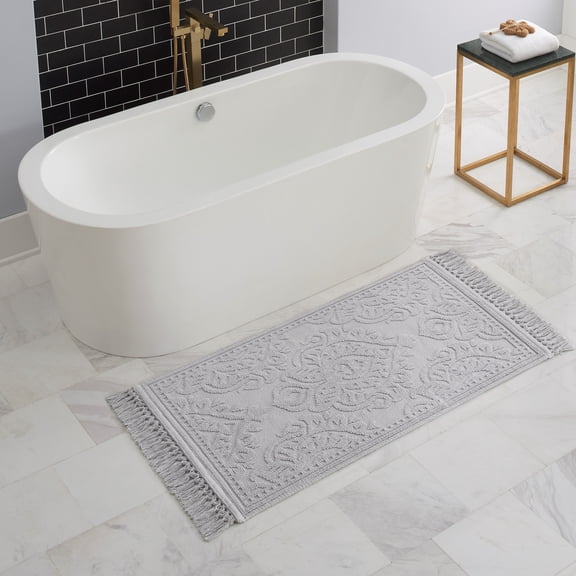 Jean Pierre Ricardo Cotton Fringe 27 x 45 in. Bath Rug, Light Grey