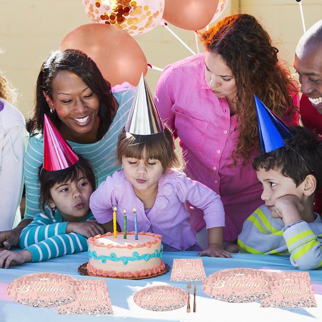 Vajilla para fiesta de cumpleaños infantil con diamantes de color rosa y oro rosa, plato de papel, toalla de papel, mantel, decoración, suministros para fiestas