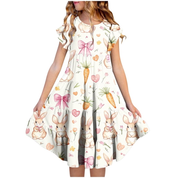 qolati Easter Dresses for Girls Kids Bunny Rabbit Graphic School Outfits Flutter Sleeve A-Line Cute Midi Casual Sundress 4-14 Years