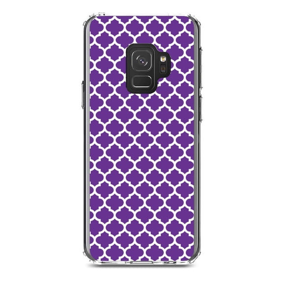 DistinctInk Clear Shockproof Hybrid Case for Samsung Galaxy S9 (5.8" Screen) - TPU Bumper, Acrylic Back, Tempered Glass Screen Protector - Purple White Moroccan Lattice