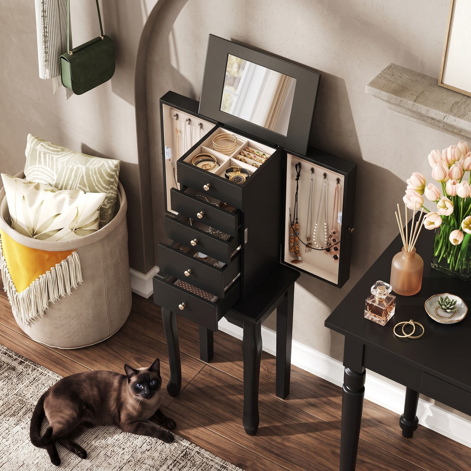 Furnibear Freestanding Armoire Storage Jewelry Cabinet with 5 Drawers, Side Compartments, and Lift-Top Mirror for Bedroom, Black