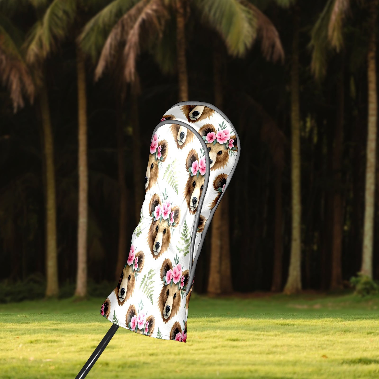 Golf Club Covers, Brown BearFlower Premium PU Leather Driver Hybrid Putter Head Covers with Velvet Lining, Waterproof Golf Gifts for Men Women