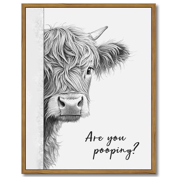 Drsoum Funny Highland Cow Bathroom Wall Art Rustic Farmhouse Wall Decor with Humorous Are You Pooping Canvas Print Cute Animal Canvas Art for Restroom 11x14in Brown Framed