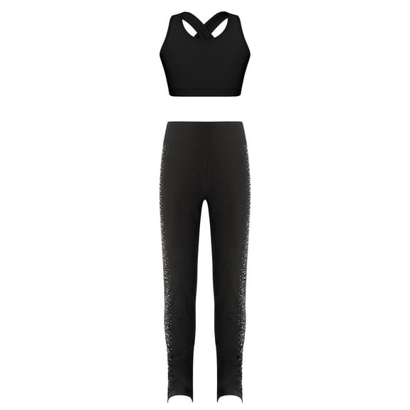TiaoBug Kids Girls 2 Pcs Gymnastics Dance Outfits Workout Sport Bra Crop Tank Top with Rhinestones Leggings Athletic Sportswear A Black 10