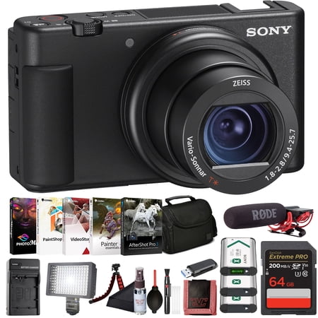 Sony ZV-1 Digital Vlogging Camera Black (DCZV1/B) – 20.1 MP 1” Sensor, 24–70 mm ZEISS Lens, 4K HDR Video, Flip Screen w/ 64GB Card, Photo Software, 2 x NP-BX1 Battery, Card Reader and More