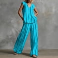 thumbnail image 2 of QSAWXQZ Women's Cotton Linen 2pc Outfit Sets Striped V Neck Sleeveless Tank Top Elastic Waist Wide Leg Pants with Pockets Casual for Summer 2XL, 2 of 6