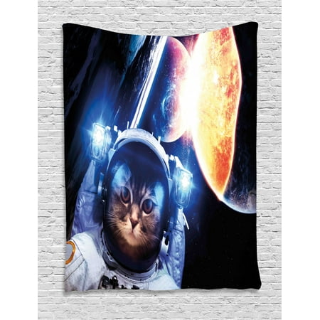 Navy And Orange Living Room Space Cat Tapestry, Kitten with Space Suit Planets Nebula Supernova Eclipse Artwork, Wall Hanging for Bedroom Living Room Dorm Decor, White Orange and Dark Blue, by Ambesonne ()