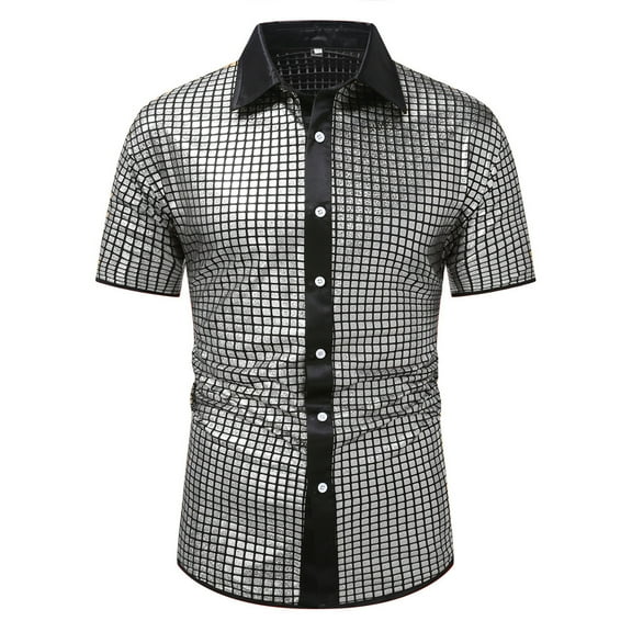 fatyb Men's Button down Sequin Shirts Sparkly Short Sleeve Collared Shirts Fashion Tops for Club Party