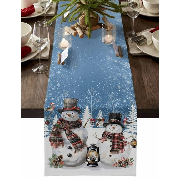 Blue Christmas Dresser Scarf Farmhouse, Dining Table Decorations for Wedding/Parties, Snowman Snowflake Winter Table Runner 48 Inches Long for Kitchen Dining, 13 x 48 In