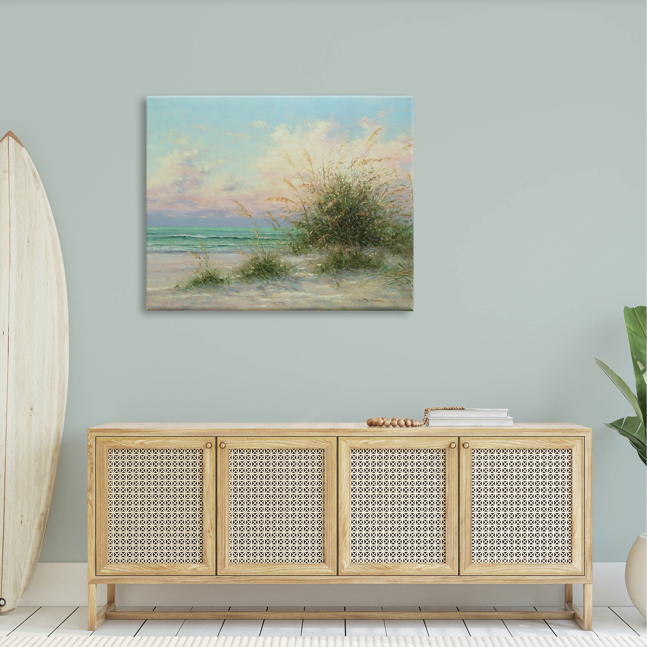 Summer Beach Grass Sea Waves Coastal Painting Gallery Wrapped Canvas Print Wall Art