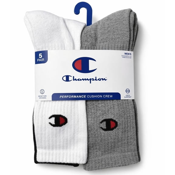 CHAMPION SOCKS MEN'S - CREW 263 - WHITE GREY - LARGE (6-12) PACK 5 XX