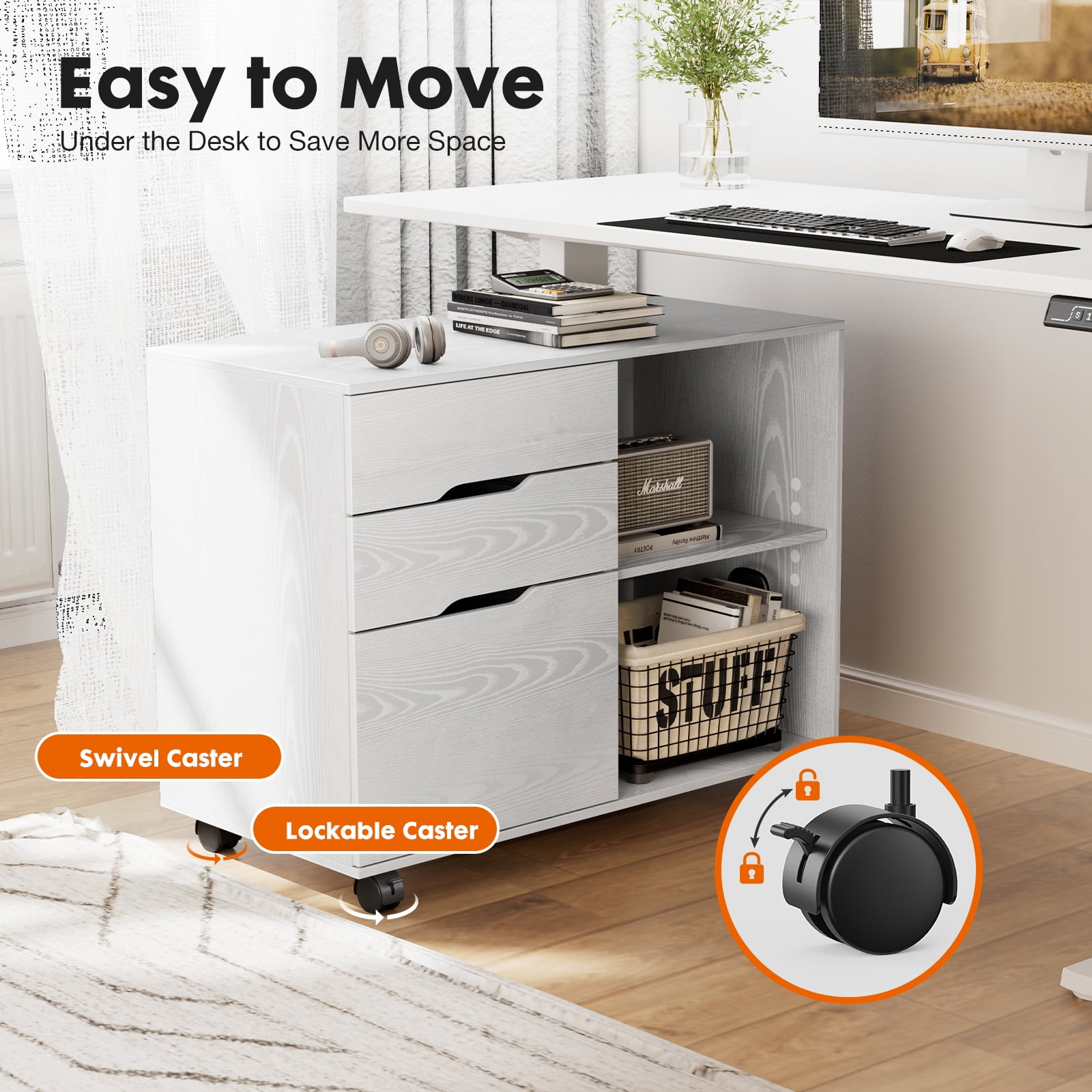 LIFERECORD 3-Drawer Rolling File Cabinet with Open Shelf, Fabric Filing Storage for Home Office,White