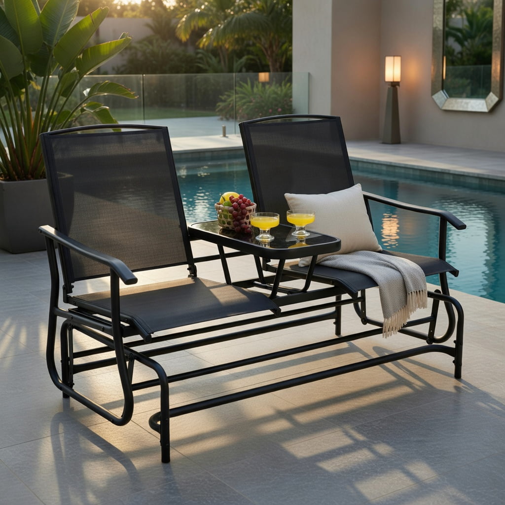 Hommoo 2-Person Outdoor Rocking Loveseat with Tempered Glass Center Table, Steel Frame Patio Seating, Black