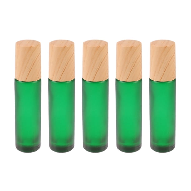 FELTECHELECTR 5 minibotellas de vidrio de 10 ml con tapa de madera, vacías, portátiles, para perfumes, para viajes en casa (verde).
