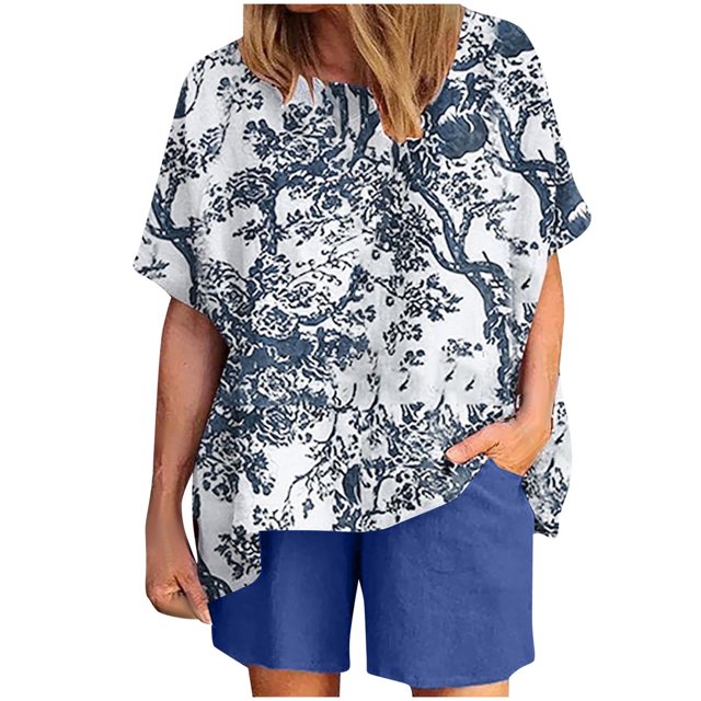Conjunto de pantalones cortos lisos de manga corta con cuello redondo y estampado de cuello redondo para mujer de 2 piezas Wmkox8yi bvn1514