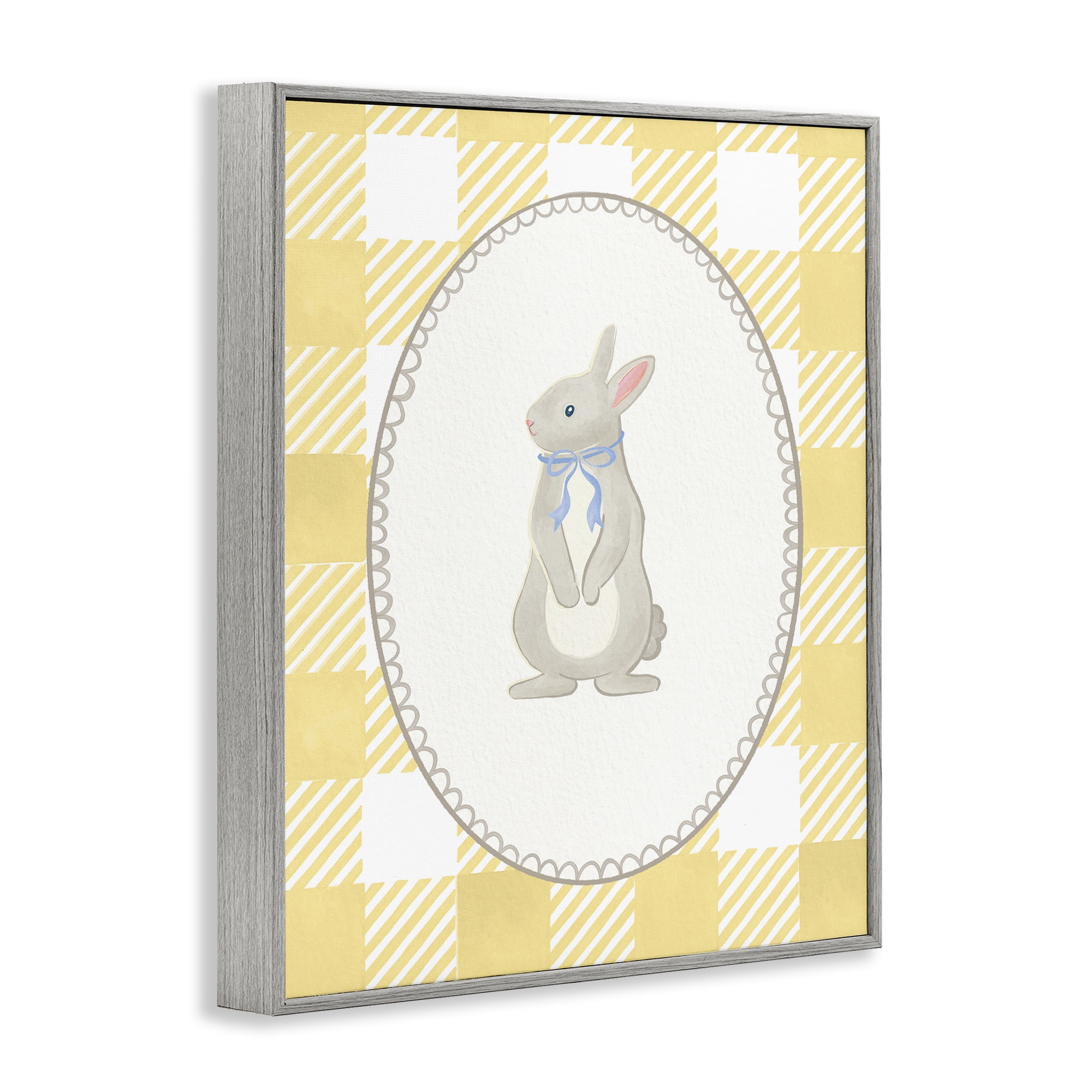 Stupell Industries Little Bunny on Yellow Gingham Gray Framed Giclee Art, design by The Paper Curator