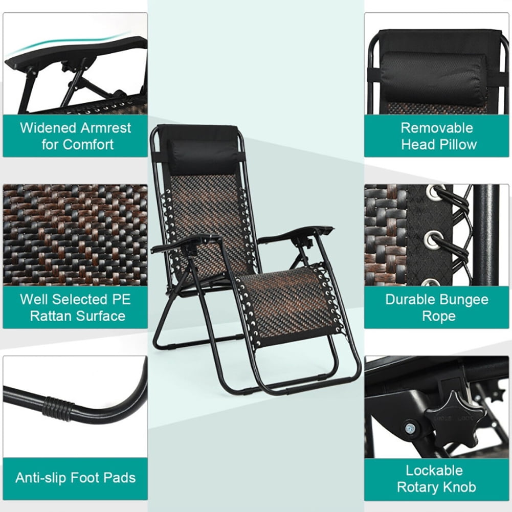 Aimee Lii Folding Rattan Zero Gravity Lounge Chair with Removable Head Pillow, Outdoor Patio Furniture, Brown