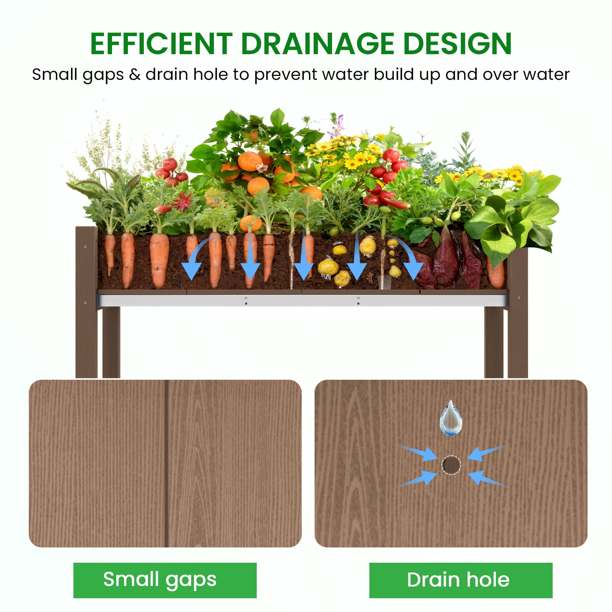 SERWALL HDPE Raised Garden Bed with Legs, 43"x16"x30" Elevated Planter Box, Outdoor Planter for Vegetables Flowers, 2-Piece, Brown