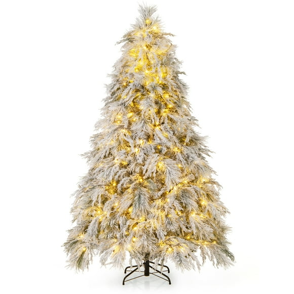 Patiojoy 7 FT Snow Flocked Christmas Tree Hinged Pre-lit Xmas Tree with Branch Tips Warm White LED Lights