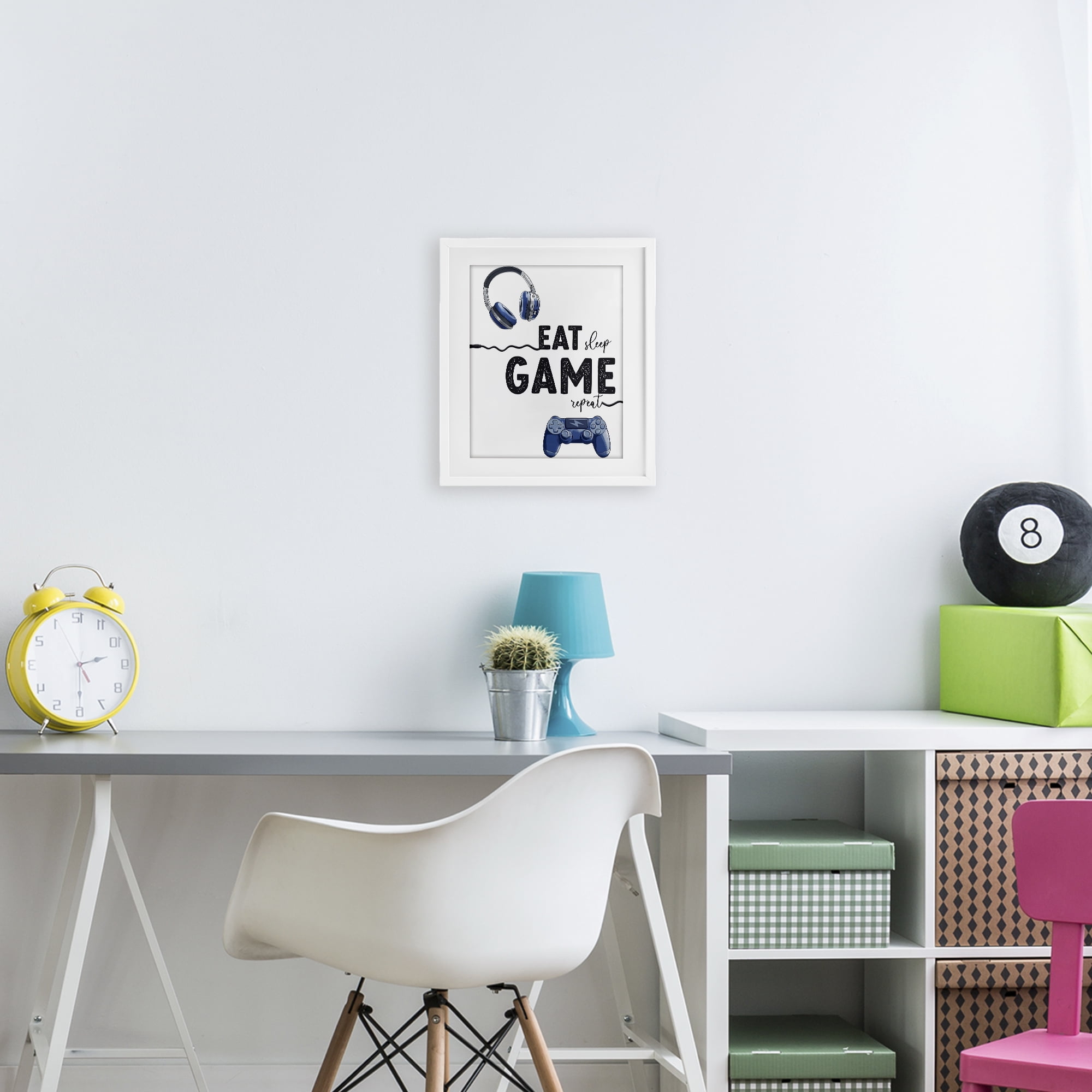Eat Sleep Game Lifestyle White Framed Print Under Glass, design by Christine Simpson Art
