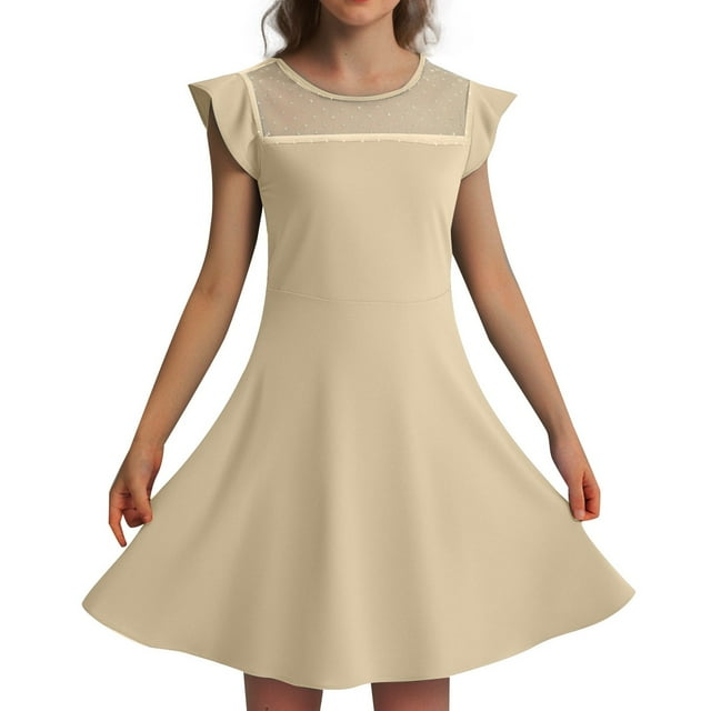 Toimothcn Robe pour Fillettes Manches à Volants Décontractée Couleur Unie Robe en Maille Ligne A Douce Adorable Robes de Princesse Confortables Robe d'Été pour Filles 5-6 Ans