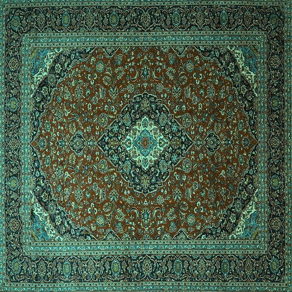 Ahgly Company Machine Washable Indoor Square Medallion Turquoise Blue Traditional Area Rugs, 5' Square