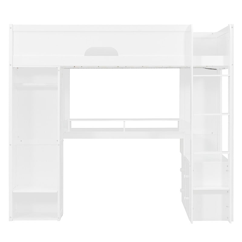 Twin Versatile Loft Bed with L-Shaped Desk, LED Light Strip & Charging Station, Storage Kids Bed Frame with Drawers & Wardrobe