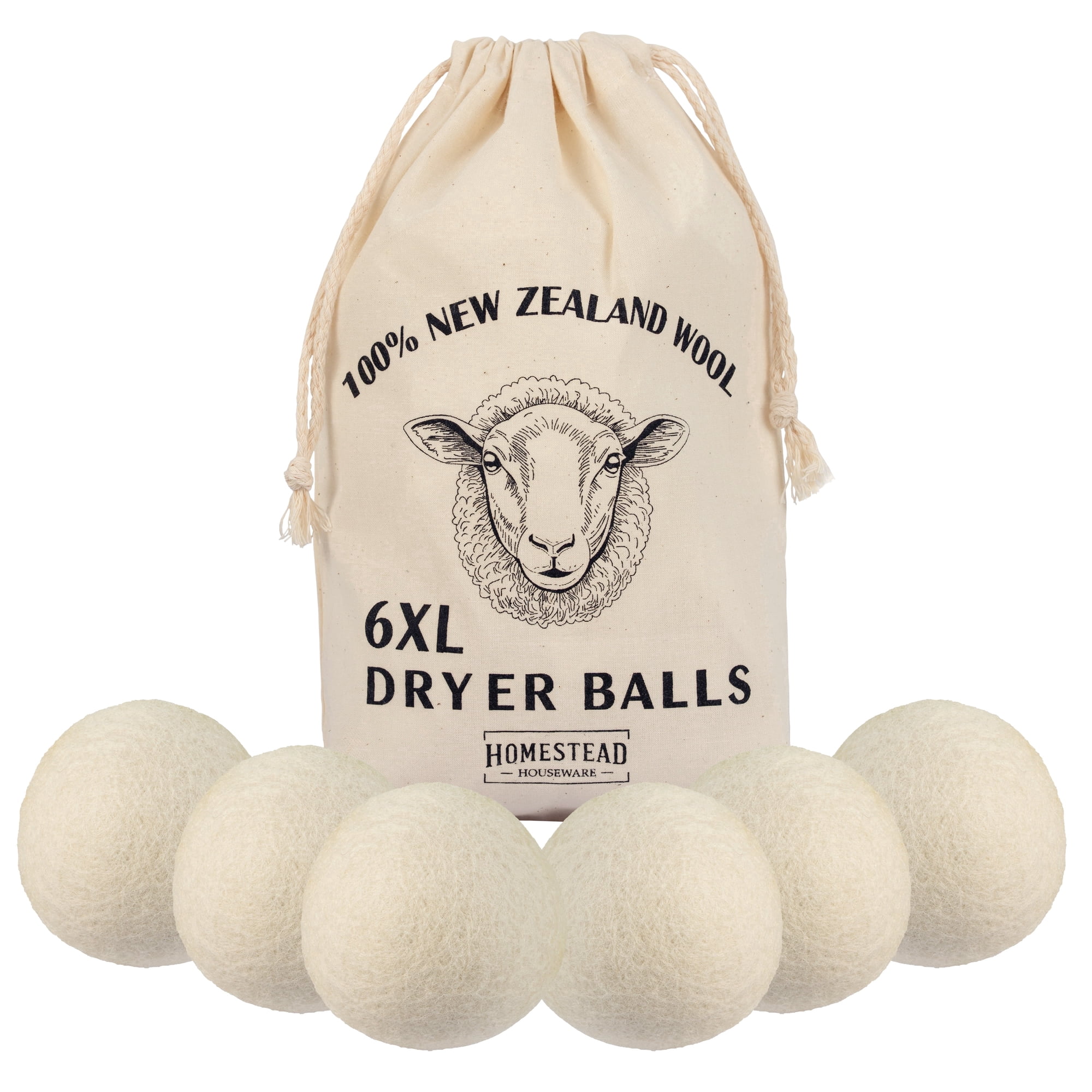 Homestead Houseware XL Wool Dryer Balls 6-Pack – 100% New Zealand Wool, Natural Fabric Softener, Reusable Laundry Balls, Eco-Friendly Alternative
