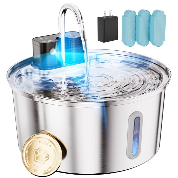 FWMB Wireless Cat Water Fountain Stainless Steel - 108oz/3.2L Automatic Cat Fountain Cordless, Battery Operated Pet Fountain with 3 Modes,  Rechargeable Water Dispenser for Cats, Dogs, Multiple Pets