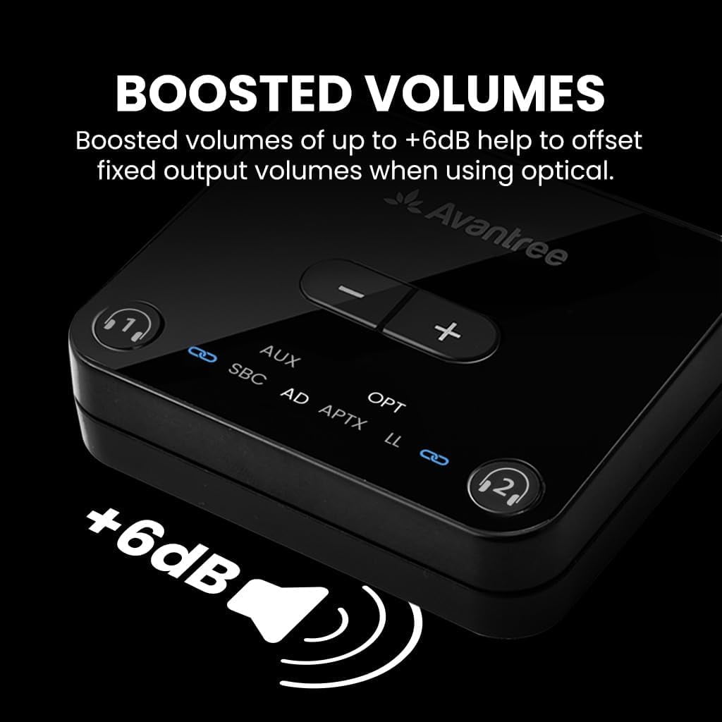 Avantree Audikast 3- Bluetooth 5.3 Transmitter for TV with Optical or AUX Audio Output Port, aptX-Adaptive & Low Latency, Dual Link for 2 Headphones, and 100ft Long Range