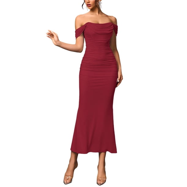 Vestido Maxi con Hombros Descubiertos, Corsé Fruncido, Ajustado, Vestidos Formales para Invitadas de Boda para Mujeres Vino Tinto S