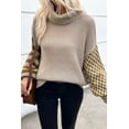 thumbnail image 6 of Women's Smoke Gray Striped Plaid Patchwork Waffle Knit Turtleneck Sweater | (US 20-22)2XL, 6 of 12
