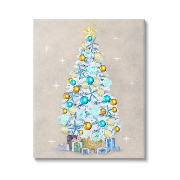 White Decorated Christmas Tree Holiday Gifts Ornaments Botanical & Floral Painting Gallery-Wrapped Canvas Print Wall Art