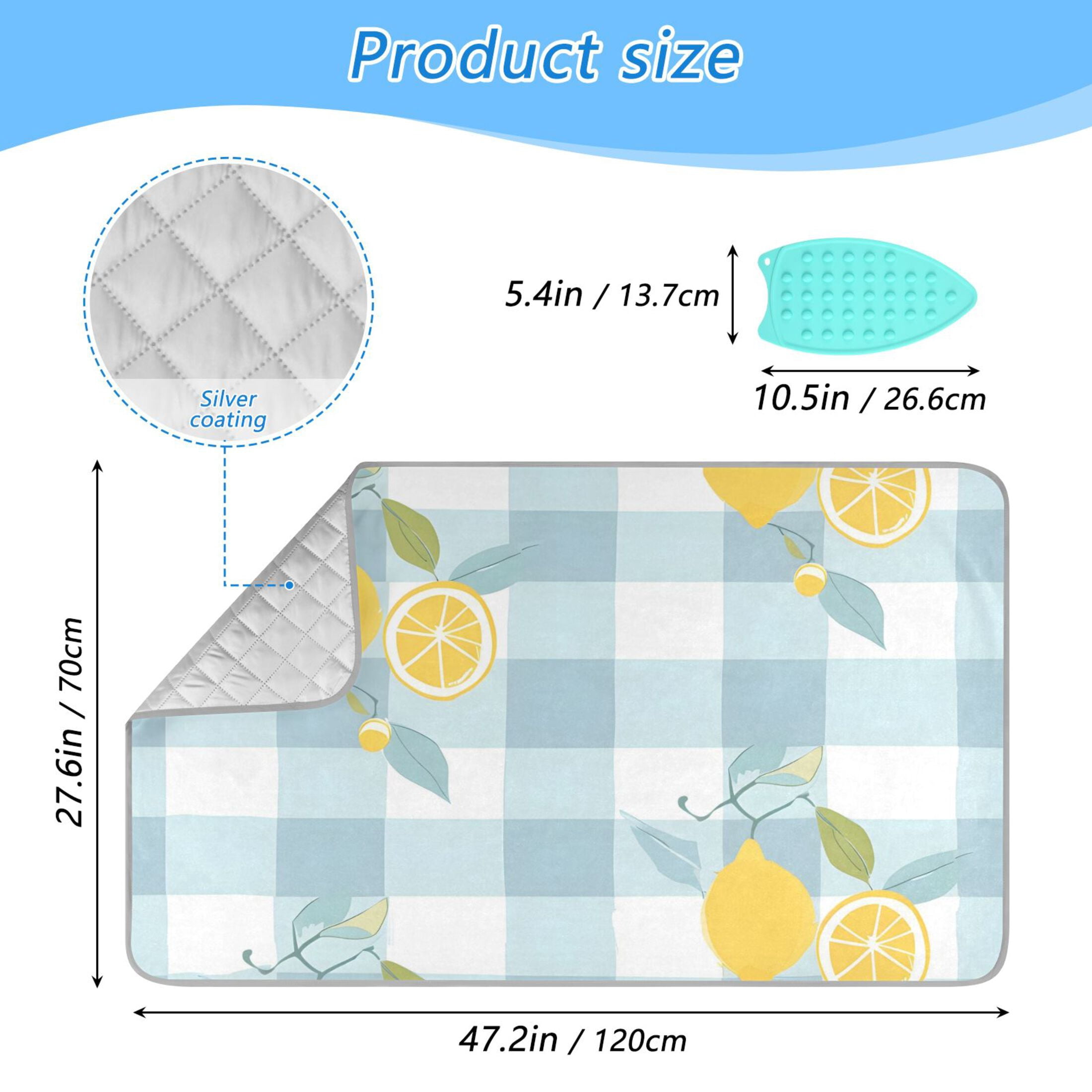 Lemon Leaves Blue-white Plaid Ironing Mat Blanket Portable Travel Ironing Pad Heat Resistant Pad 47.2" x 27.6”