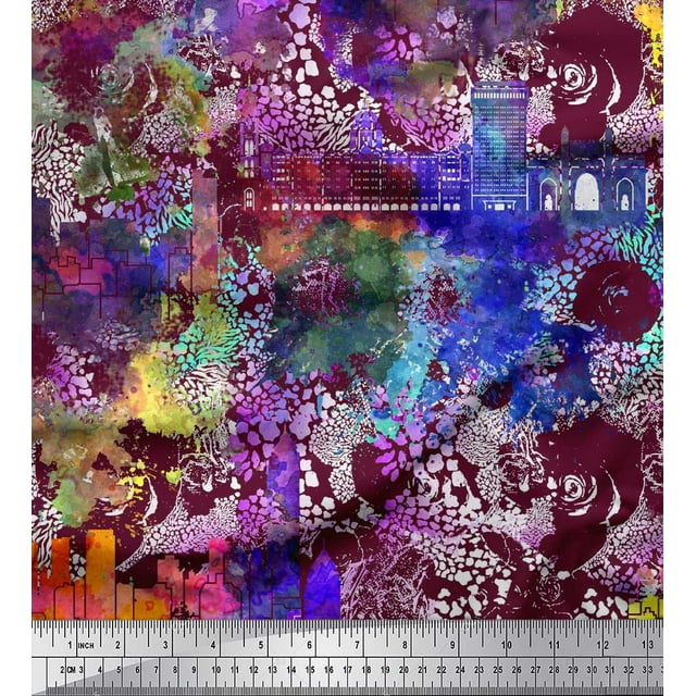 Soimoi Poly Georgette Fabric Brush Stroke & Sketch Monuments Architectural Printed Craft Fabric by the Yard 42 Inch Wide