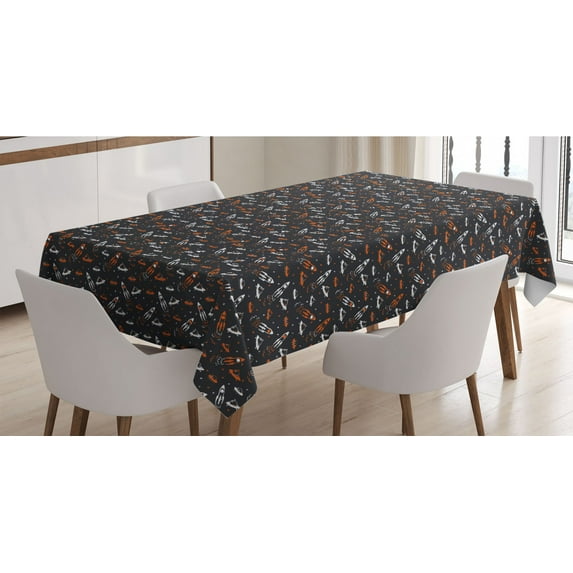Space Tablecloth, Cartoon Doodle Spacecraft Traveling to the Universe Cosmos UFOs Aliens Stars, Rectangle Satin Table Cover for Dining Room and Kitchen, 60" X 84", Black Orange White, by Ambesonne